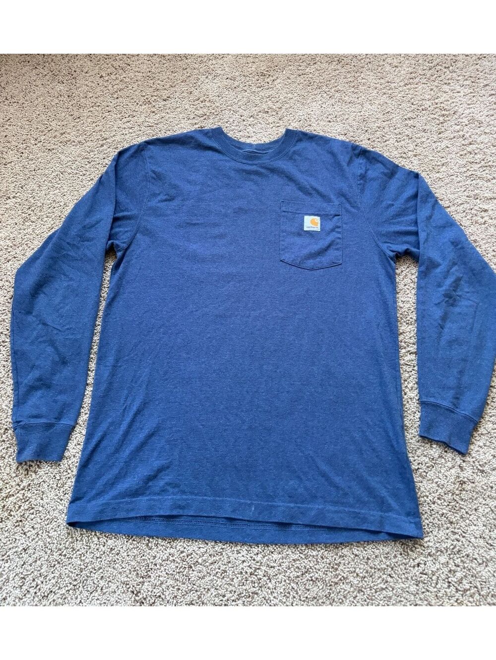 Men's blue Carhartt long-sleeve pocket t-shirt crew neck Medium Loose fit logo